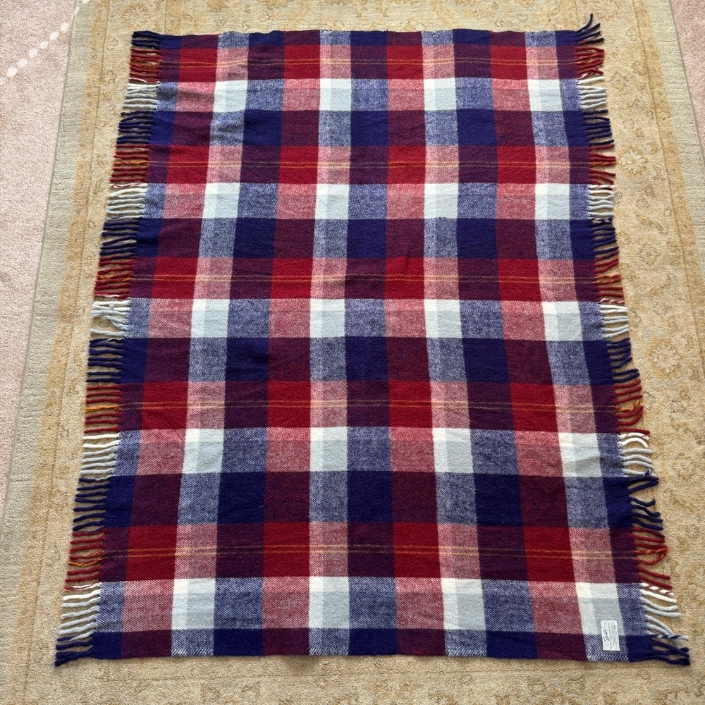 Vintage Faribo Wool Throw Blanket Blue Red Plaid 60x43